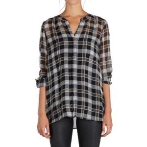 JOIE SILK semi sheer high low plaid v-neck pockets